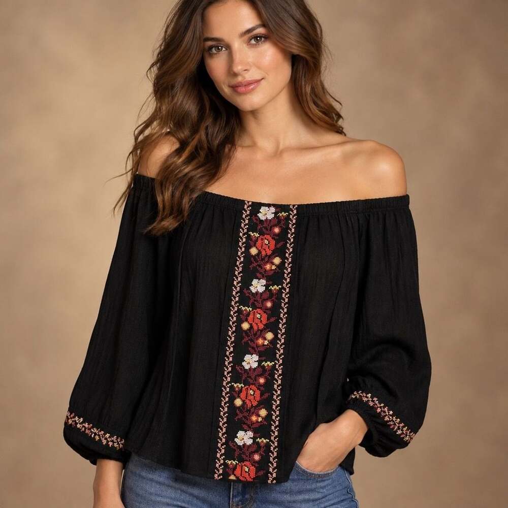 Old Navy Off-The-Shoulder Floral Embroidered Blouse Size XXL Black